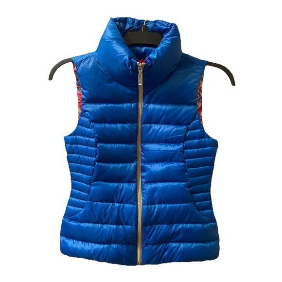 Lilly Pulitzer Allie Packable Down Puffer Vest Blue Floral‎ Lining Gold Zip Sz S - Picture 1 of 9
